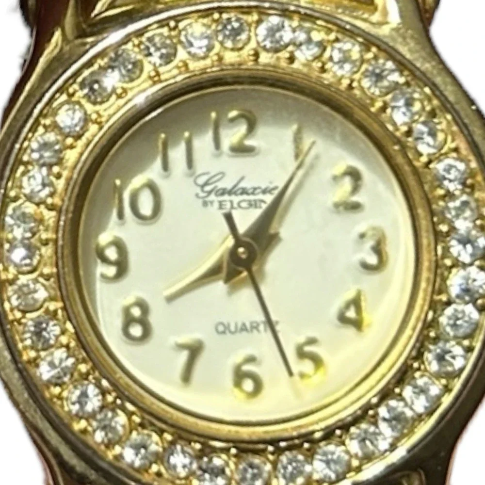 Vintage GALAXIE By ELGIN Watch Goldtone Crystal Rhinestone Bezel Quartz NLN406